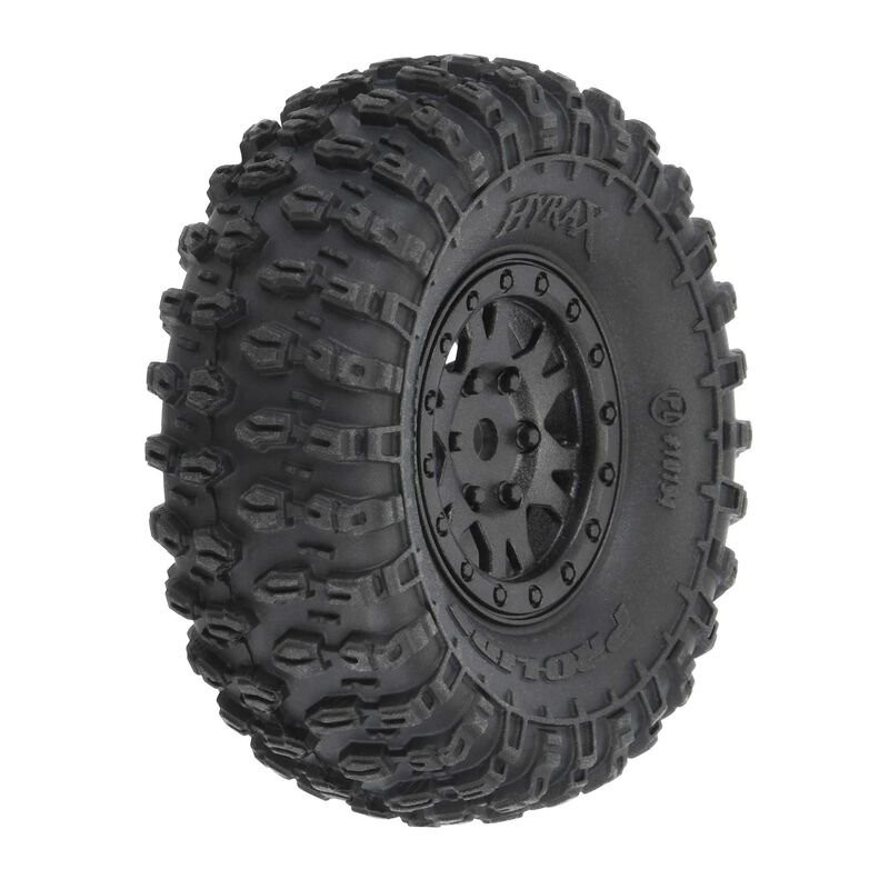 1/24 Hyrax Front/Rear 1.0 Tires Mounted 7mm Black Impulse (4): SCX24