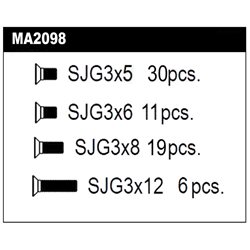 Set contains Countersunk Screw Steel: 30 pcs. M3x5, 11 pcs. M3x6, 19 pcs. M3x8, 6 pcs. M3x12