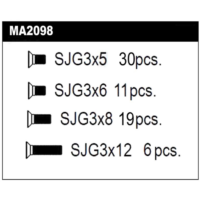 Set contains Countersunk Screw Steel: 30 pcs. M3x5, 11 pcs. M3x6, 19 pcs. M3x8, 6 pcs. M3x12