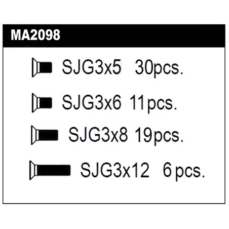 Set contains Countersunk Screw Steel: 30 pcs. M3x5, 11 pcs. M3x6, 19 pcs. M3x8, 6 pcs. M3x12