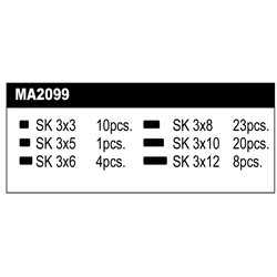 Set contains set screw steel: 10 pcs. M3x3, 1pcs M3x5, 4pcs M3x6, 23pcs. M3x8, 20pcs. M3x10, 8pcs. M3x12