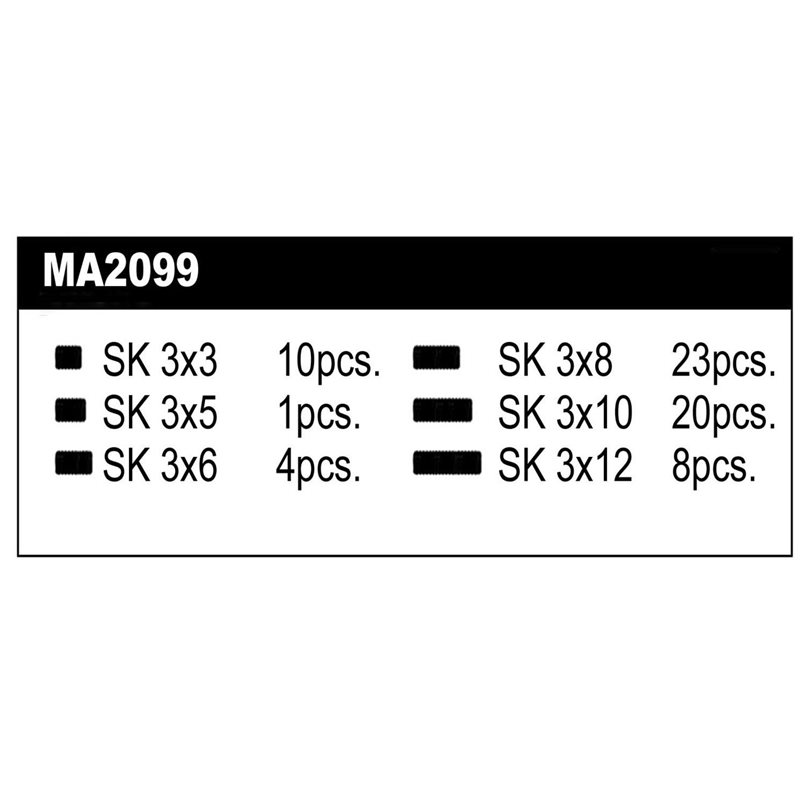 Set contains set screw steel: 10 pcs. M3x3, 1pcs M3x5, 4pcs M3x6, 23pcs. M3x8, 20pcs. M3x10, 8pcs. M3x12