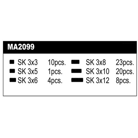Set contains set screw steel: 10 pcs. M3x3, 1pcs M3x5, 4pcs M3x6, 23pcs. M3x8, 20pcs. M3x10, 8pcs. M3x12