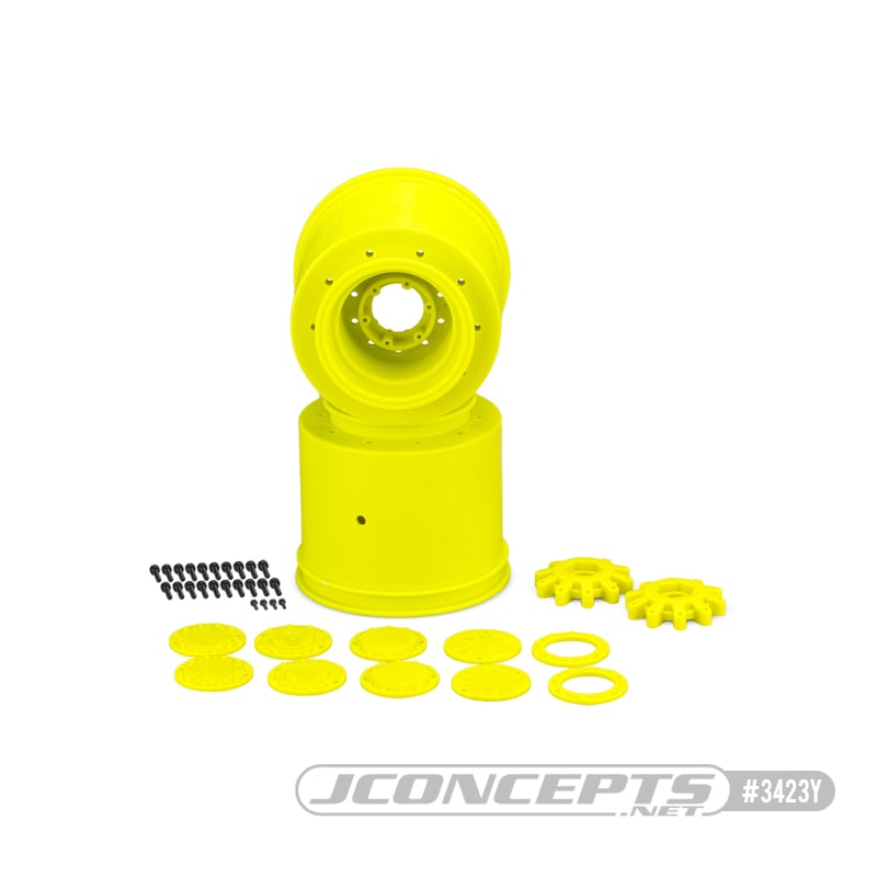 Aggressor - 2.6 x 3.8" 17mm hex Monster Truck wheel, (yellow) with interchangeable hubs (Traxxas E-Revo 2.0, Arrma Kraton) Aggressor - 2.6 x 3.8" 17mm hex Monster Truck wheel, (yellow) with interchangeable hubs (Traxxas E-Revo 2.0, Arrma Kraton)