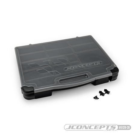 JConcepts parts box, black / smoke gray (~14.5" x 11" x 2.375")