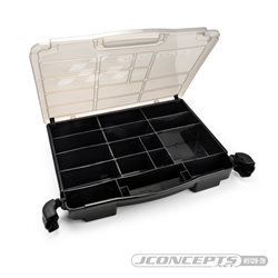 JConcepts parts box, black / smoke gray (~14.5" x 11" x 2.375")