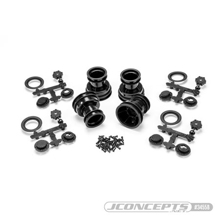 Mini Tribute wheel w/hex adapter, covers, mock beadlock rings, black, 4pc. (Fits, #4123, #4124 JC tires for Mini LMT)