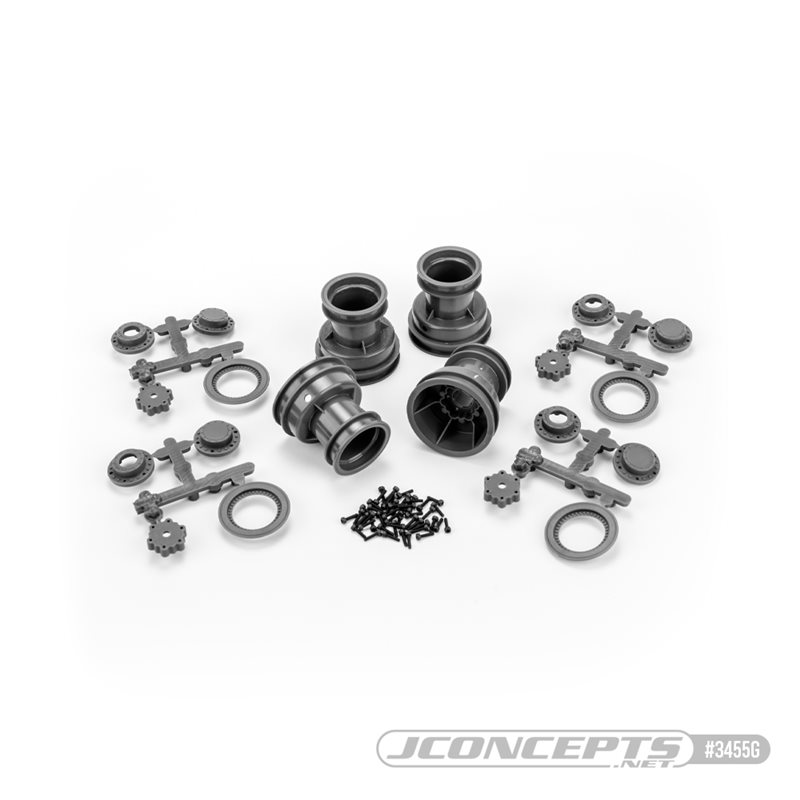 Mini Tribute wheel w/hex adapter, covers, mock beadlock rings, gray, 4pc. (Fits, 4123, 4124 JC tires for Mini LMT) Mini Tribute wheel w/hex adapter, covers, mock beadlock rings, gray, 4pc. (Fits, 4123, 4124 JC tires for Mini LMT)