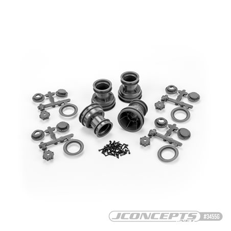 Mini Tribute wheel w/hex adapter, covers, mock beadlock rings, gray, 4pc. (Fits, 4123, 4124 JC tires for Mini LMT)