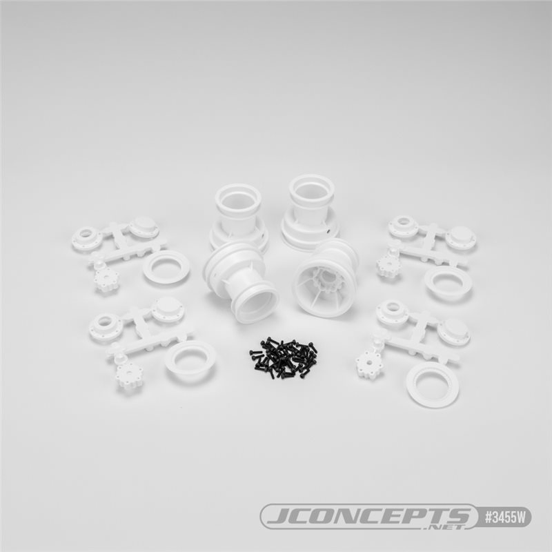 Mini Tribute wheel w/hex adapter, covers, mock beadlock rings, white, 4pc. (Fits, 4123, 4124 JC tires for Mini LMT) Mini Tribute wheel w/hex adapter, covers, mock beadlock rings, white, 4pc. (Fits, 4123, 4124 JC tires for Mini LMT)